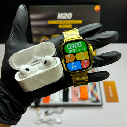 10 in 1 ultra watch with free Airpod and a Protective case 49 mm Amoled glass with wireless charging and 7 straps