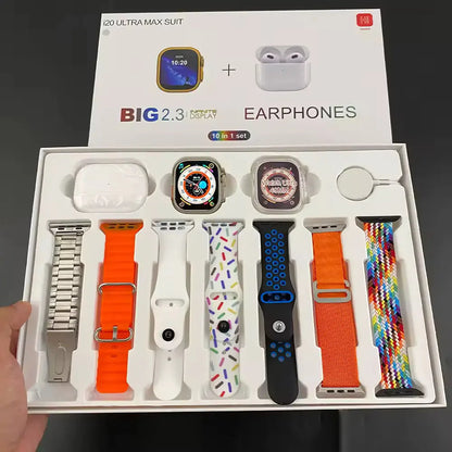 10 in 1 ultra watch with free Airpod and a Protective case 49 mm Amoled glass with wireless charging and 7 straps