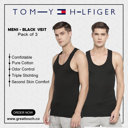 T-H Mens Black Premium Quality Classic Vest Pack of 3